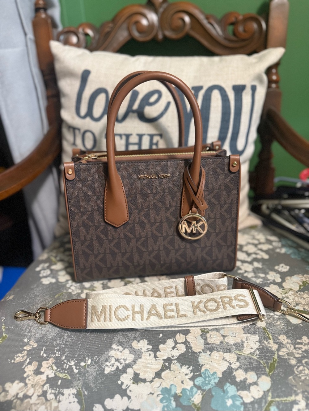 Michael Kors Brown Logo Canvas Satchel, with strap crossbody or shoulder